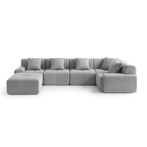 Sofá de canto modular de 5 lugares com chaise longue, tecido chenille na cor cinza mineral Sofá de canto modular de 5 lugares com chaise longue, tecido chenille na cor cinza mineral