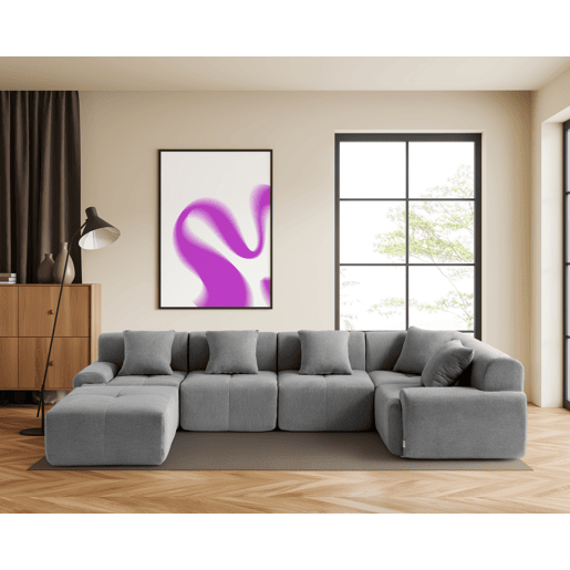 Sofá de canto modular de 5 lugares com chaise longue, tecido chenille na cor cinza mineral Sofá de canto modular de 5 lugares com chaise longue, tecido chenille na cor cinza mineral