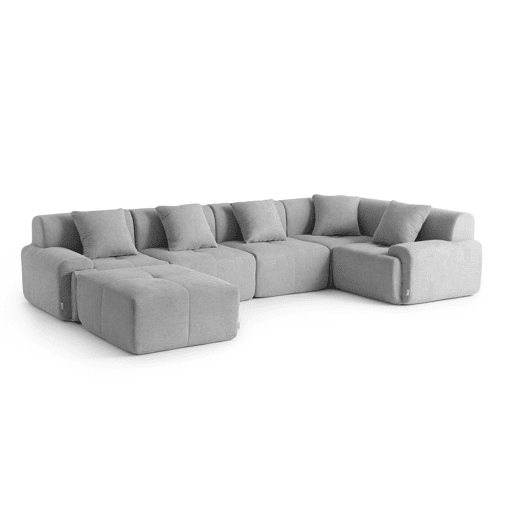 Sofá de canto modular de 5 lugares com chaise longue, tecido chenille na cor cinza mineral Sofá de canto modular de 5 lugares com chaise longue, tecido chenille na cor cinza mineral