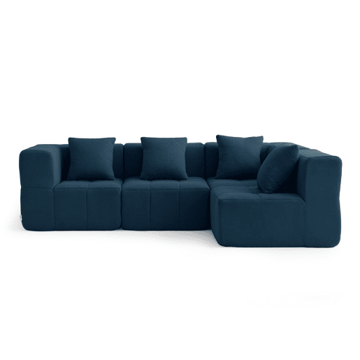 Sofá de canto modular de 4 lugares, tecido bouclé na cor azul profundo