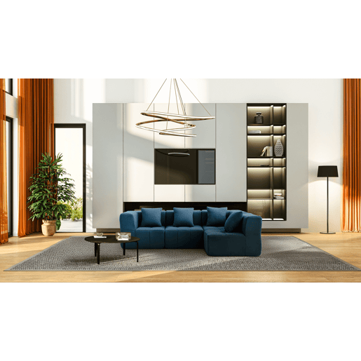 Sofá de canto modular de 4 lugares, tecido bouclé na cor azul profundo