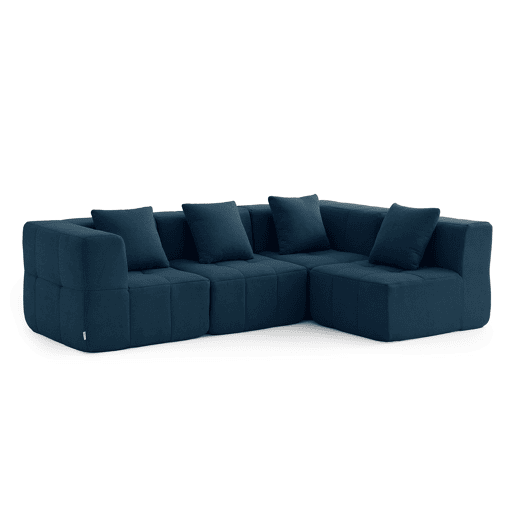 Sofá de canto modular de 4 lugares, tecido bouclé na cor azul profundo