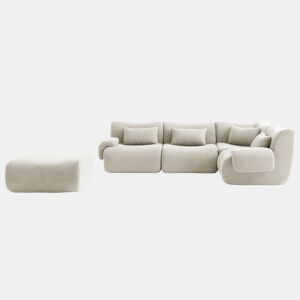Sofá de canto modular de 4 lugares com chaise longue, tecido bouclé na cor bege creme