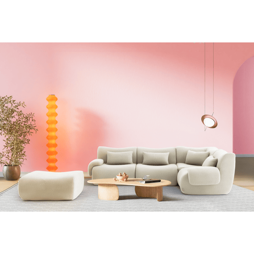 Sofá de canto modular de 4 lugares com chaise longue, tecido bouclé na cor bege creme
