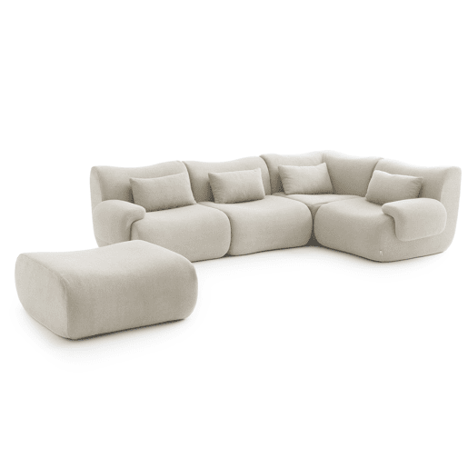 Sofá de canto modular de 4 lugares com chaise longue, tecido bouclé na cor bege creme