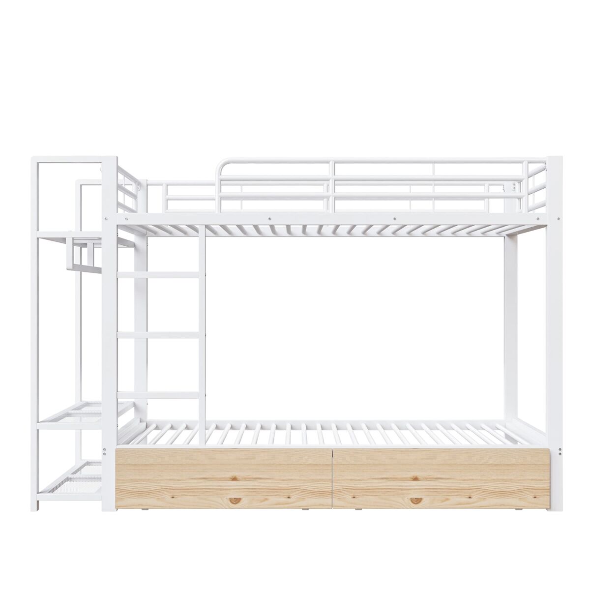 Litera 90x200 cm - marco de hierro, 2 cajones, estantes, led, barra de ropa - blanco