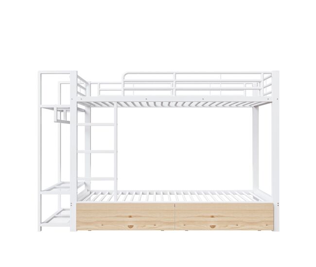 Litera 90x200 cm - marco de hierro, 2 cajones, estantes, led, barra de ropa - blanco
