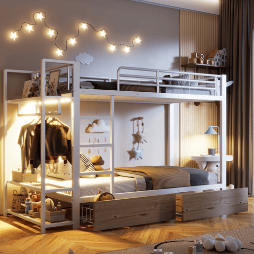 Beliche 90x200 cm - Estrutura em ferro, 2 gavetas, prateleiras, LED, barra para roupa - Branco