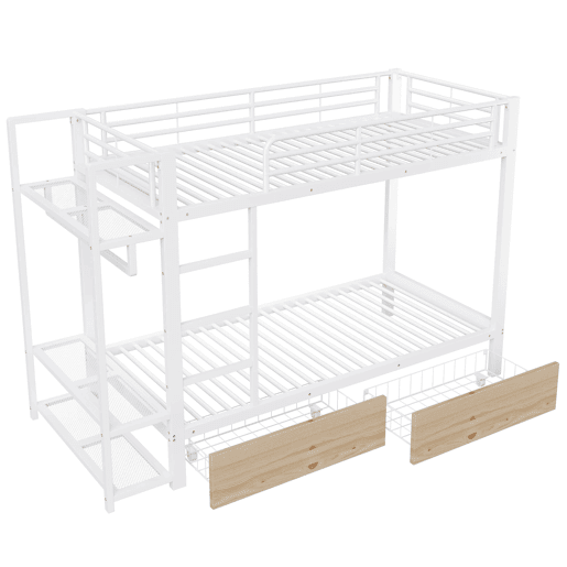 Beliche 90x200 cm - Estrutura em ferro, 2 gavetas, prateleiras, LED, barra para roupa - Branco