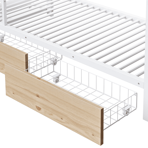 Beliche 90x200 cm - Estrutura em ferro, 2 gavetas, prateleiras, LED, barra para roupa - Branco