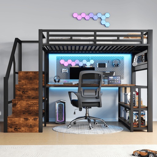 Cama alta 140x200 cm - Estrutura em ferro, secretária, LED, estante, USBTipo-C - Preto