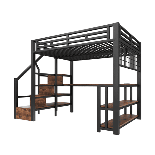 Cama alta 140x200 cm - Estrutura em ferro, secretária, LED, estante, USBTipo-C - Preto