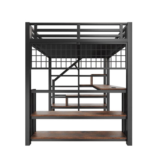Cama alta 140x200 cm - Estrutura em ferro, secretária, LED, estante, USBTipo-C - Preto
