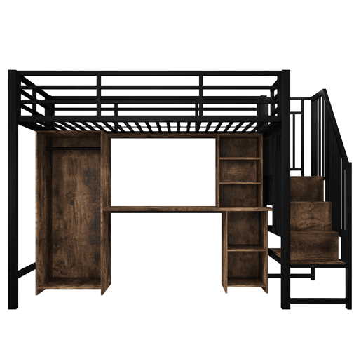 Cama alta 90x200 cm - Estrutura de ferro, armário, secretária e escada com arrumação - Preto Cama alta 90x200 cm - Estrutura de ferro, armário, secretária e escada com arrumação - Preto
