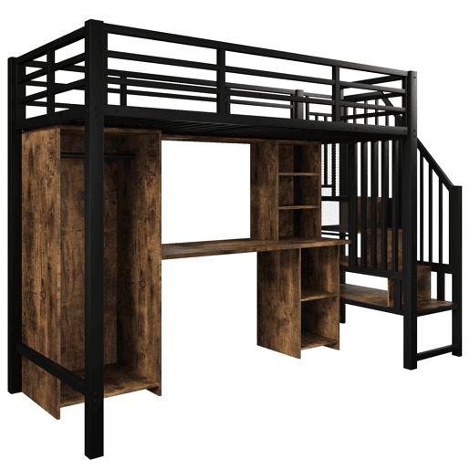 Cama alta 90x200 cm - Estrutura de ferro, armário, secretária e escada com arrumação - Preto Cama alta 90x200 cm - Estrutura de ferro, armário, secretária e escada com arrumação - Preto