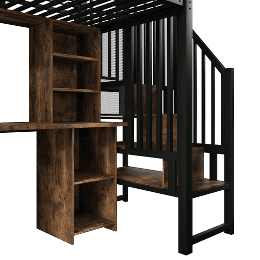 Cama alta 90x200 cm - Estrutura de ferro, armário, secretária e escada com arrumação - Preto Cama alta 90x200 cm - Estrutura de ferro, armário, secretária e escada com arrumação - Preto