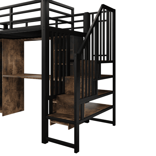 Cama alta 90x200 cm - Estrutura de ferro, armário, secretária e escada com arrumação - Preto Cama alta 90x200 cm - Estrutura de ferro, armário, secretária e escada com arrumação - Preto