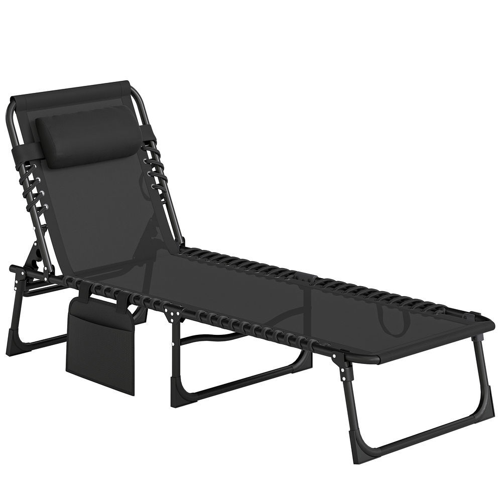 Outsunny tumbona plegable, tumbona jardín exterior reclinable 5 posiciones, con reposacabezas acolchado, bolsillo lateral y estructura de acero, para terraza, piscina, 189x58x30 cm, negro
