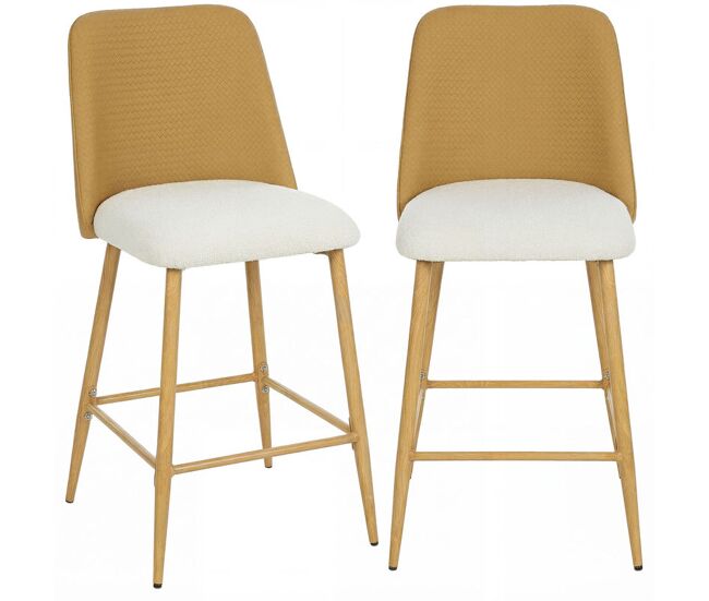 Homcom juego de 2 taburetes de bar, taburetes altos de cocina con respaldo efecto tejido y reposapiés, tapizados de lino con efecto cepillado y pu, marco de acero, asiento de 65 cm de altura, marrón