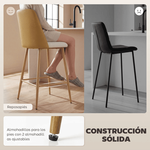 HOMCOM Conjunto de 2 Bancos de Bar, Bancos Altos de Cozinha com Encosto com Efeito Tecido e Apoio para Pés, Estofados em Linho com Efeito Escovado e PU, Estrutura de Aço, Assento com 65 cm de Altura, Castanho