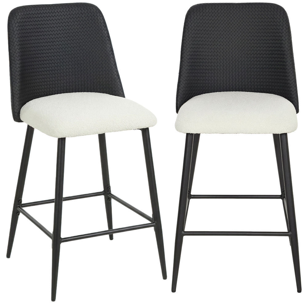 Homcom juego de 2 taburetes de bar, taburetes altos de cocina con respaldo efecto tejido y reposapiés, tapizados de lino con efecto cepillado y pu, marco de acero, asiento de 65 cm de altura, negro
