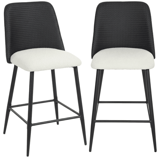 HOMCOM Conjunto de 2 Bancos de Bar, Bancos Altos de Cozinha com Encosto Efeito Tecido e Apoio para os Pés, Estofados em Linho com Efeito Escovado e PU, Estrutura de Aço, Assento com Altura de 65 cm, Preto