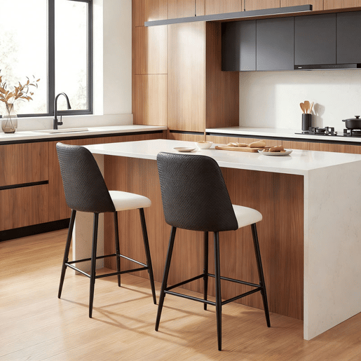 HOMCOM Conjunto de 2 Bancos de Bar, Bancos Altos de Cozinha com Encosto Efeito Tecido e Apoio para os Pés, Estofados em Linho com Efeito Escovado e PU, Estrutura de Aço, Assento com Altura de 65 cm, Preto