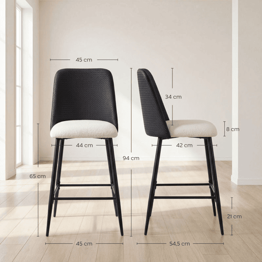 HOMCOM Conjunto de 2 Bancos de Bar, Bancos Altos de Cozinha com Encosto Efeito Tecido e Apoio para os Pés, Estofados em Linho com Efeito Escovado e PU, Estrutura de Aço, Assento com Altura de 65 cm, Preto