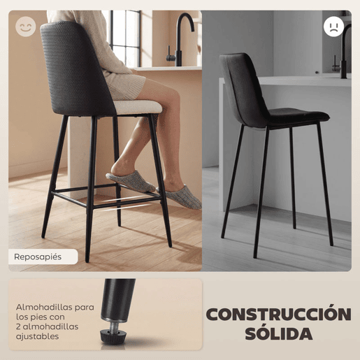 HOMCOM Conjunto de 2 Bancos de Bar, Bancos Altos de Cozinha com Encosto Efeito Tecido e Apoio para os Pés, Estofados em Linho com Efeito Escovado e PU, Estrutura de Aço, Assento com Altura de 65 cm, Preto