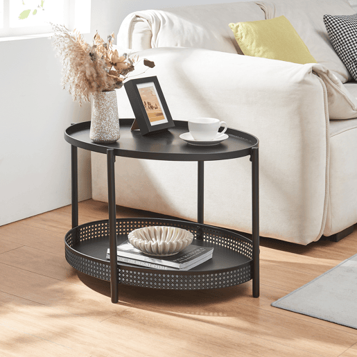 Mesa de centro Jäller oval com prateleira metal 66x51x44 cm Preto en.casa