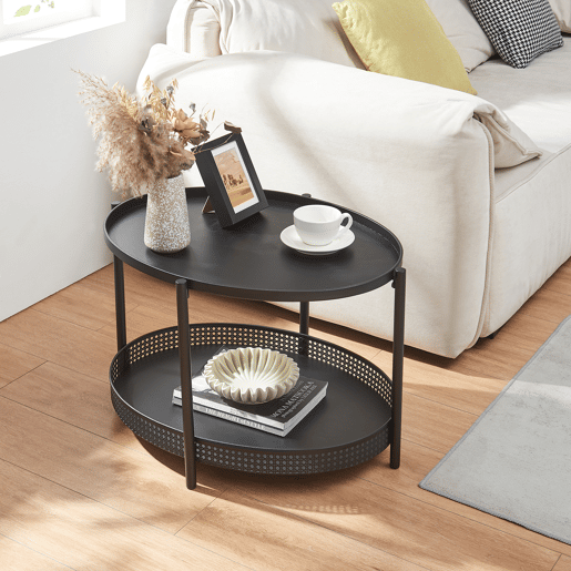Mesa de centro Jäller oval com prateleira metal 66x51x44 cm Preto en.casa