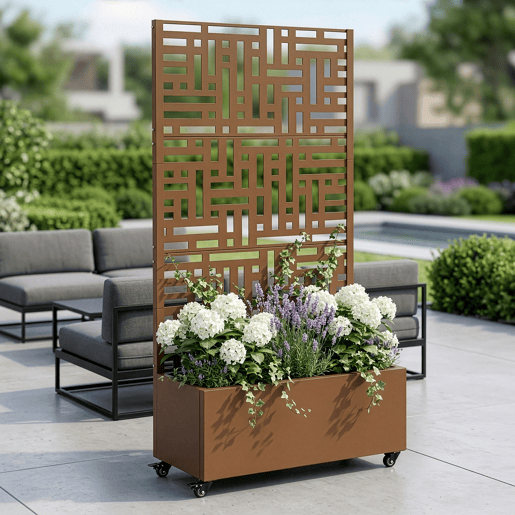 Divisória Bernalda com floreira aço 186x120x40cm Castanho casa.pro Divisória Bernalda com floreira aço 186x120x40cm Castanho casa.pro