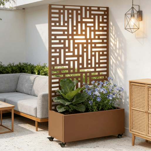 Divisória Bernalda com floreira aço 186x120x40cm Castanho casa.pro Divisória Bernalda com floreira aço 186x120x40cm Castanho casa.pro