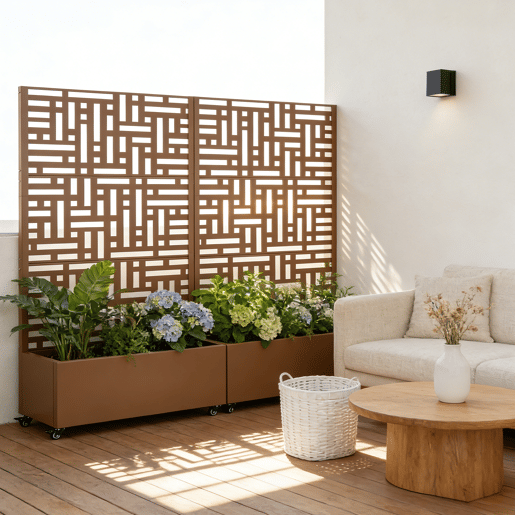 Divisória Bernalda com floreira aço 186x120x40cm Castanho casa.pro Divisória Bernalda com floreira aço 186x120x40cm Castanho casa.pro