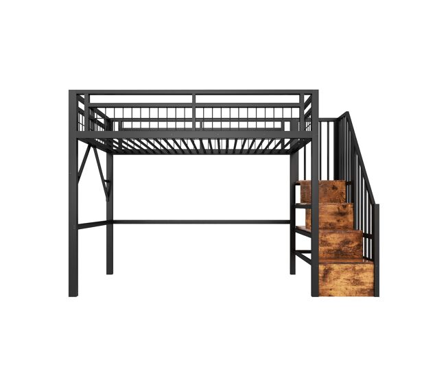 Cama alta 90x200 cm - marco de hierro, led, escalera con almacenamiento, espacio libre - negro
