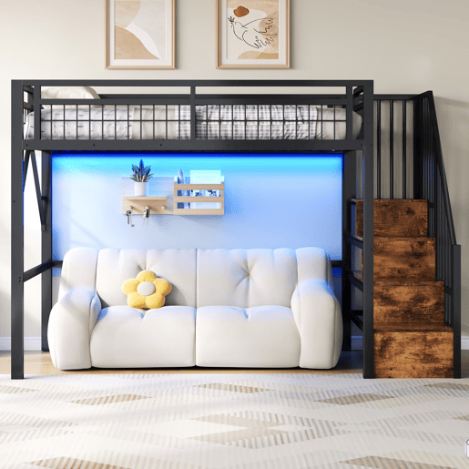 Cama alta 90x200 cm - Estrutura em ferro, LED, escada com arrumação, espaço livre - Preto Cama alta 90x200 cm - Estrutura em ferro, LED, escada com arrumação, espaço livre - Preto