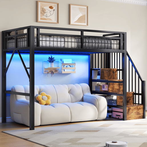 Cama alta 90x200 cm - Estrutura em ferro, LED, escada com arrumação, espaço livre - Preto Cama alta 90x200 cm - Estrutura em ferro, LED, escada com arrumação, espaço livre - Preto