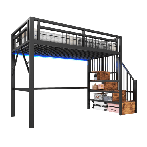 Cama alta 90x200 cm - Estrutura em ferro, LED, escada com arrumação, espaço livre - Preto Cama alta 90x200 cm - Estrutura em ferro, LED, escada com arrumação, espaço livre - Preto