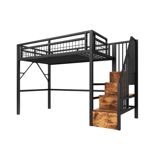 Cama alta 90x200 cm - Estrutura em ferro, LED, escada com arrumação, espaço livre - Preto Cama alta 90x200 cm - Estrutura em ferro, LED, escada com arrumação, espaço livre - Preto