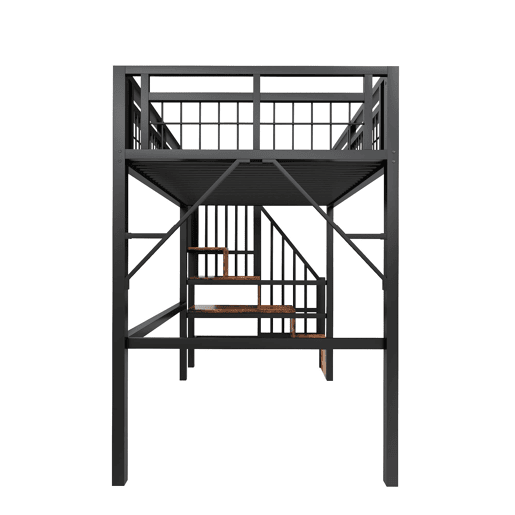 Cama alta 90x200 cm - Estrutura em ferro, LED, escada com arrumação, espaço livre - Preto Cama alta 90x200 cm - Estrutura em ferro, LED, escada com arrumação, espaço livre - Preto