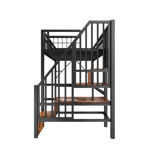 Cama alta 90x200 cm - Estrutura em ferro, LED, escada com arrumação, espaço livre - Preto Cama alta 90x200 cm - Estrutura em ferro, LED, escada com arrumação, espaço livre - Preto