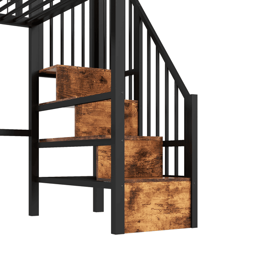 Cama alta 90x200 cm - Estrutura em ferro, LED, escada com arrumação, espaço livre - Preto Cama alta 90x200 cm - Estrutura em ferro, LED, escada com arrumação, espaço livre - Preto