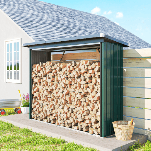 Outsunny Abrigo para Lenha de Aço Galvanizado Abrigo para Lenha de Exterior Armazenamento de Troncos com Base Elevada e Teto Inclinado 213x66,5x150 cm Verde