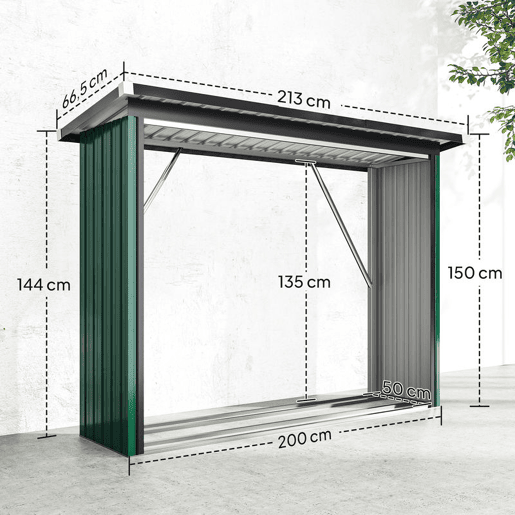 Outsunny Abrigo para Lenha de Aço Galvanizado Abrigo para Lenha de Exterior Armazenamento de Troncos com Base Elevada e Teto Inclinado 213x66,5x150 cm Verde