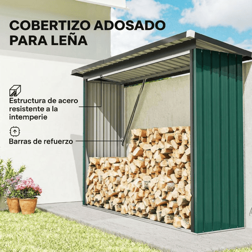 Outsunny Abrigo para Lenha de Aço Galvanizado Abrigo para Lenha de Exterior Armazenamento de Troncos com Base Elevada e Teto Inclinado 213x66,5x150 cm Verde