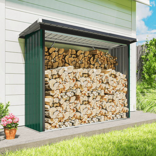 Outsunny Abrigo para Lenha de Aço Galvanizado Abrigo para Lenha de Exterior Armazenamento de Troncos com Base Elevada e Teto Inclinado 213x66,5x150 cm Verde