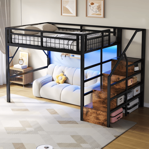Cama alta 140x200 - Estrutura em ferro, LED, escadas com arrumação, espaço livre - Preto Cama alta 140x200 - Estrutura em ferro, LED, escadas com arrumação, espaço livre - Preto