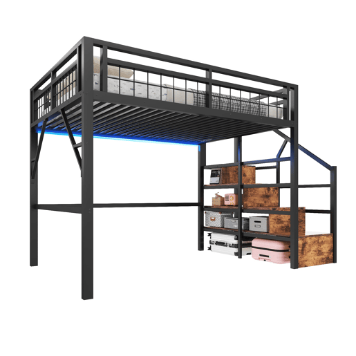 Cama alta 140x200 - Estrutura em ferro, LED, escadas com arrumação, espaço livre - Preto Cama alta 140x200 - Estrutura em ferro, LED, escadas com arrumação, espaço livre - Preto