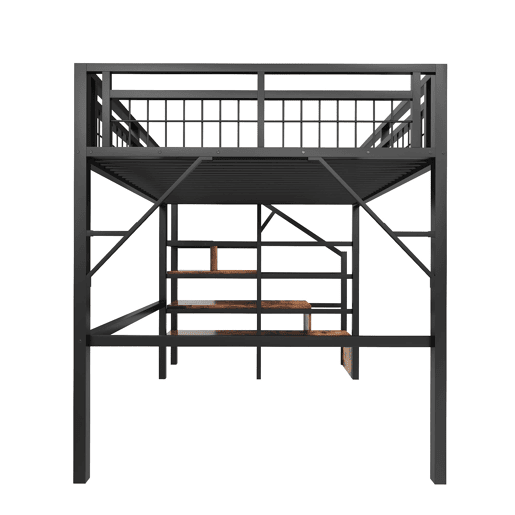 Cama alta 140x200 - Estrutura em ferro, LED, escadas com arrumação, espaço livre - Preto Cama alta 140x200 - Estrutura em ferro, LED, escadas com arrumação, espaço livre - Preto