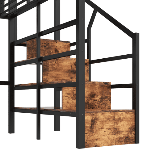 Cama alta 140x200 - Estrutura em ferro, LED, escadas com arrumação, espaço livre - Preto Cama alta 140x200 - Estrutura em ferro, LED, escadas com arrumação, espaço livre - Preto